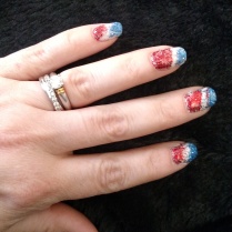 Studio White with blue and red loose glitter